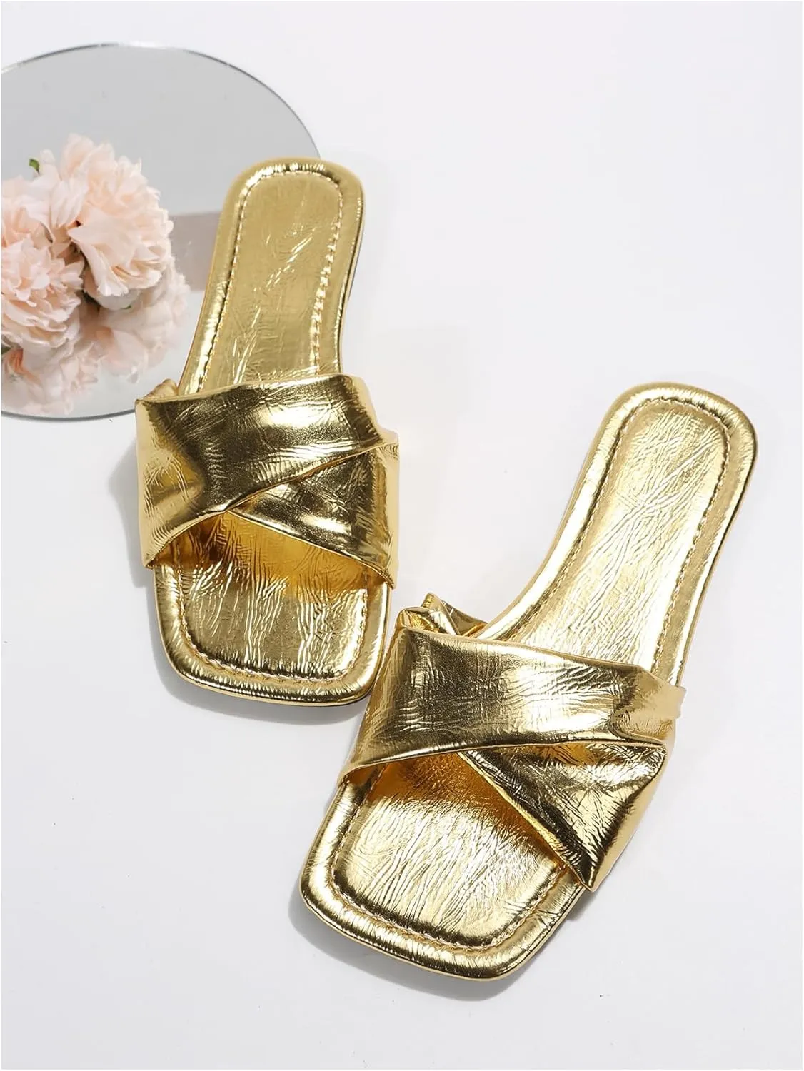 GORGLITTER Women's Silver Sandals Criss Cross Slip on Sandals Square Toe 2025 Trendy Vacation Sandals