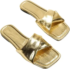 GORGLITTER Women's Silver Sandals Criss Cross Slip on Sandals Square Toe 2025 Trendy Vacation Sandals