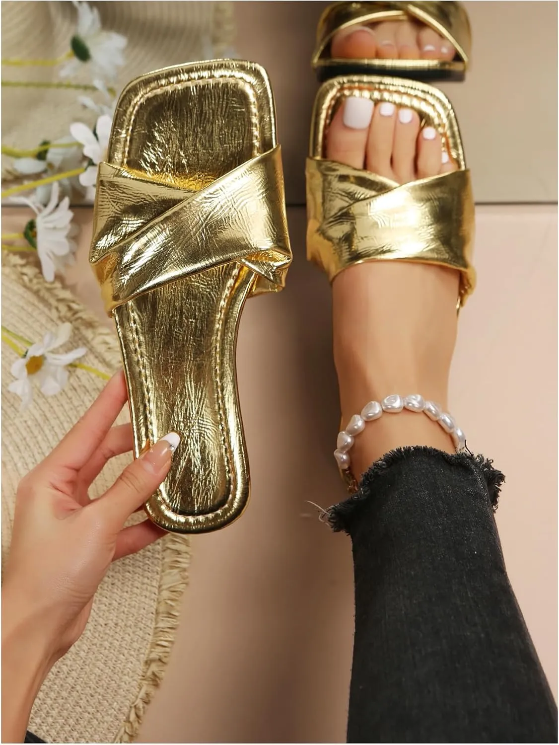 GORGLITTER Women's Silver Sandals Criss Cross Slip on Sandals Square Toe 2025 Trendy Vacation Sandals