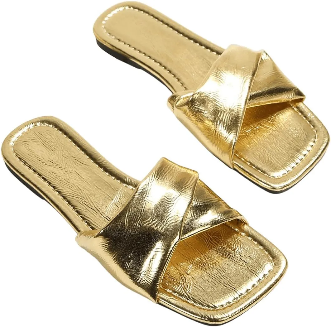 GORGLITTER Women's Silver Sandals Criss Cross Slip on Sandals Square Toe 2025 Trendy Vacation Sandals