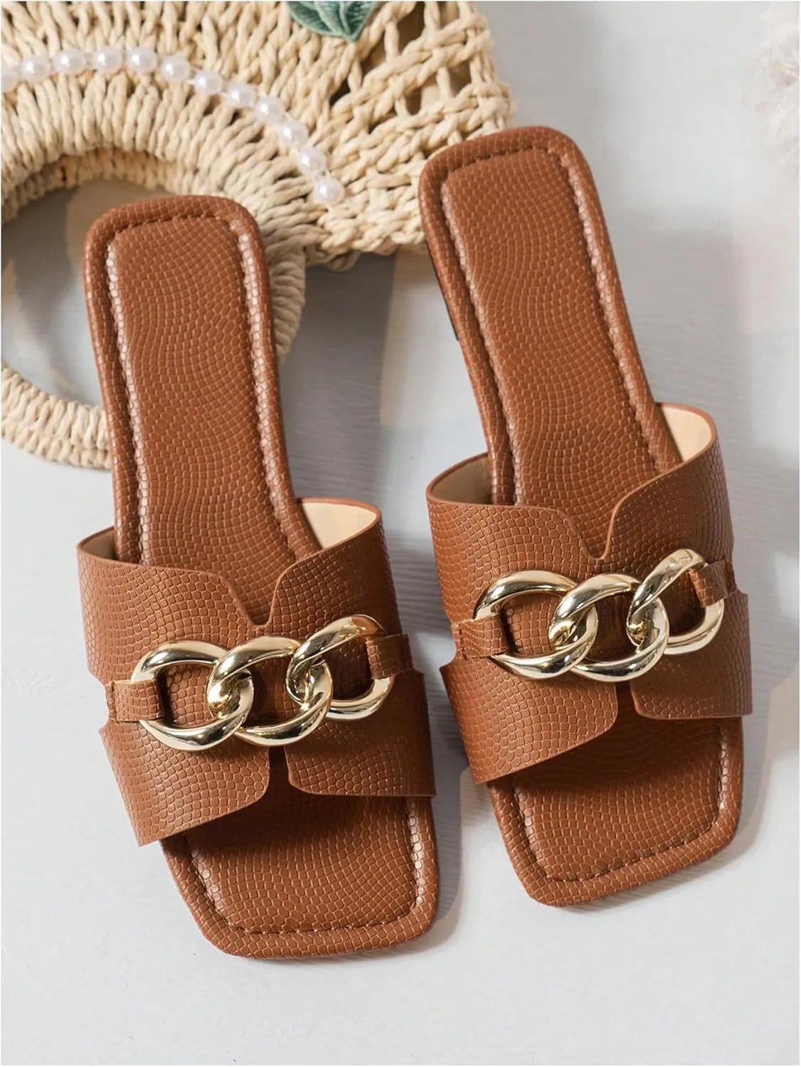 GORGLITTER Women's Square Toe Flat Sandals Summer Dressy 2025 Trendy Vacation Sandals Summer Slides Shoes