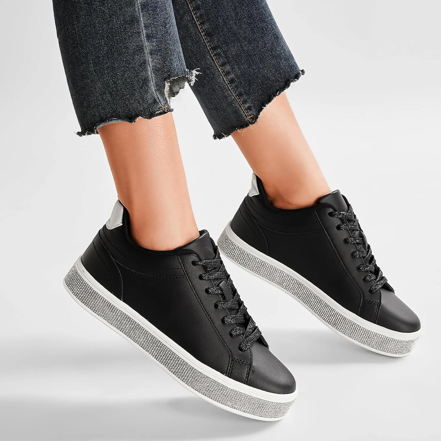 GOSERCE Women's Fashion Sneakers with Sparkly Glitter Rhinestone Sneakers Platform Tennis Shoes Trendy Cute Comfortable Casual Dressy Wedding Bridal Walking Concert Fall