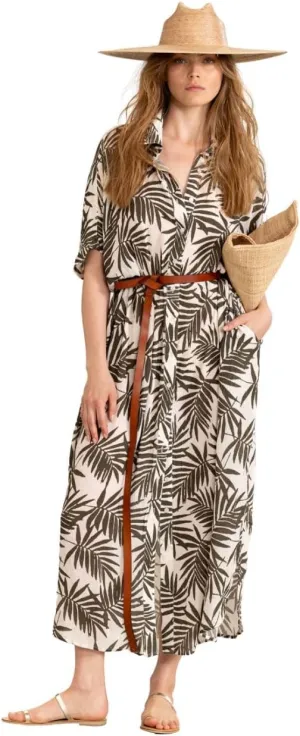 Gottex Women's Beach Life Multi Green Button Front Cover Up Kaftan Style Maxi Dress with Short Sleeves Relaxed Fit Essential