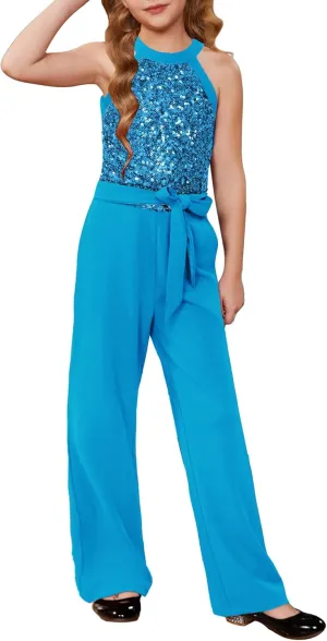 GRACE KARIN Girls Jumpsuit Tween Sequin Trendy Party Halter Shinny Dance Formal Romper Bodysuit 6-12