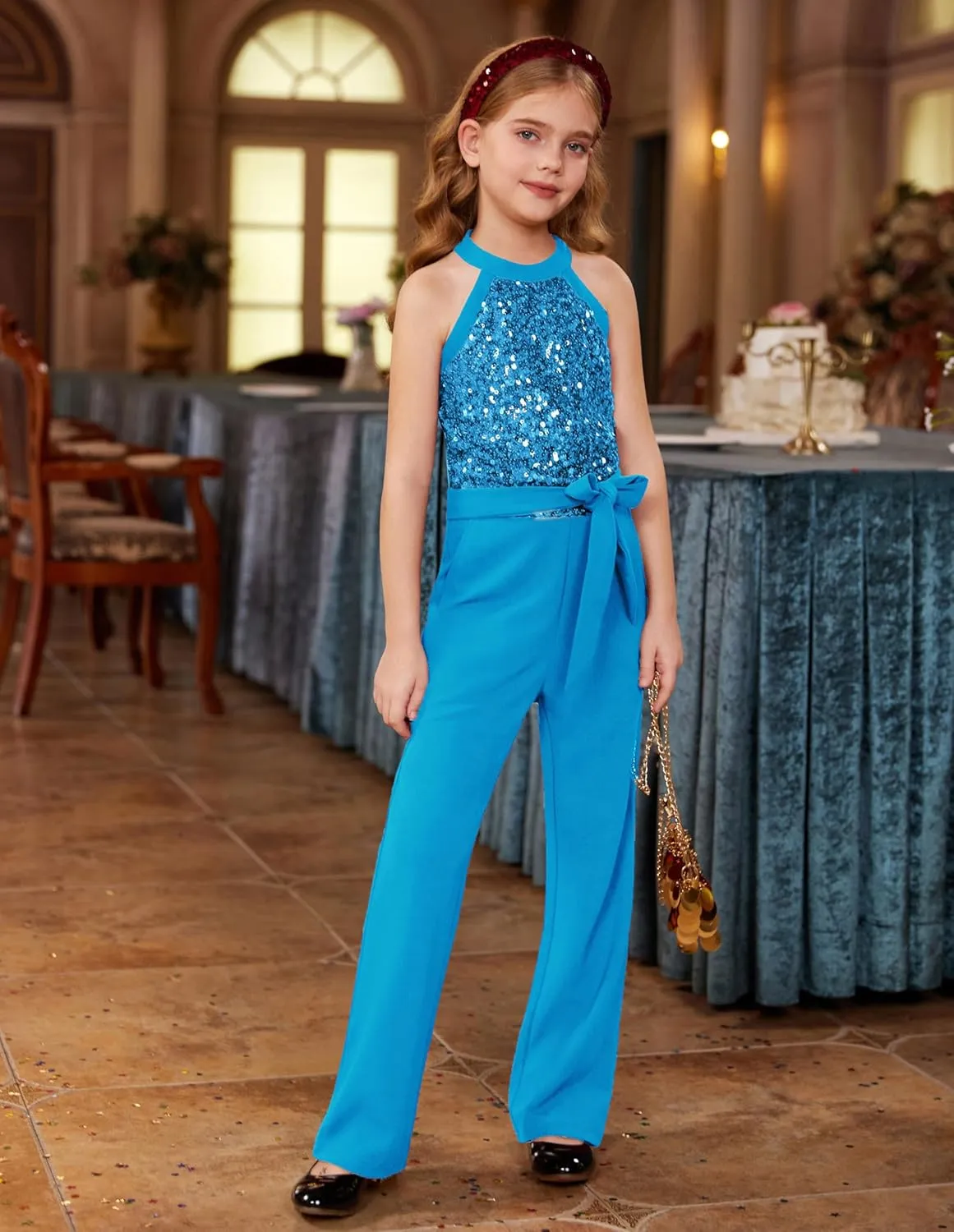 GRACE KARIN Girls Jumpsuit Tween Sequin Trendy Party Halter Shinny Dance Formal Romper Bodysuit 6-12