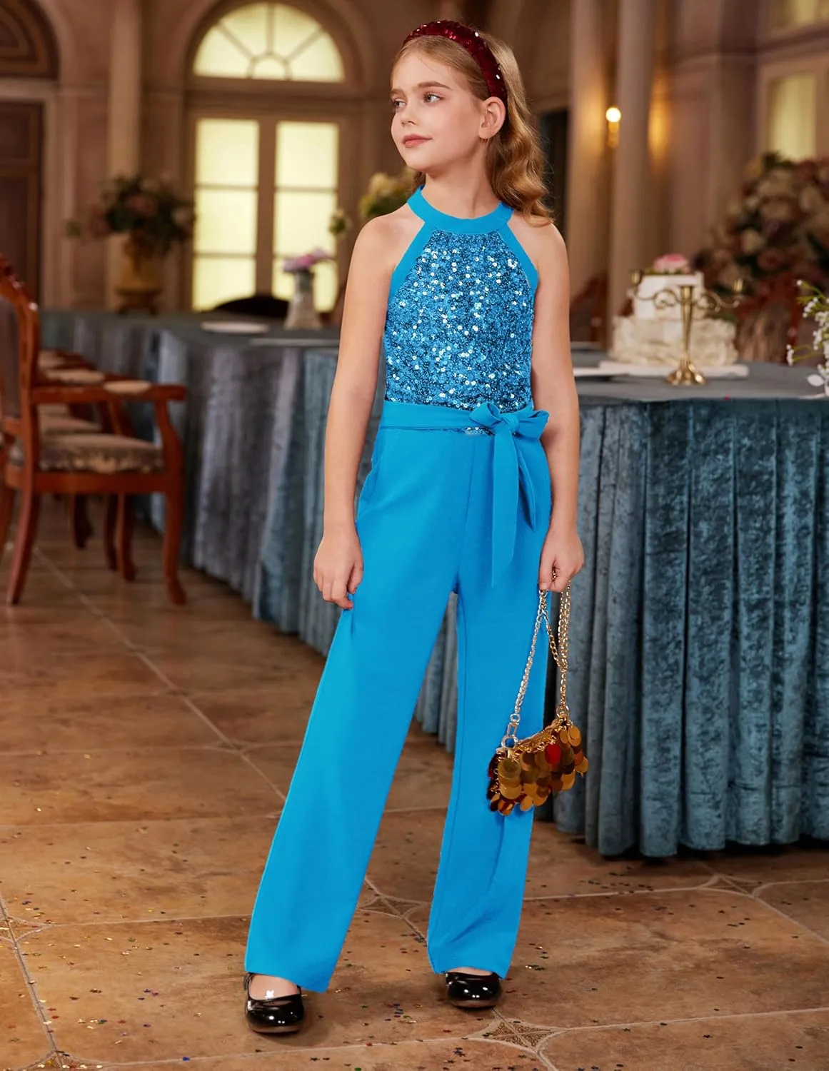 GRACE KARIN Girls Jumpsuit Tween Sequin Trendy Party Halter Shinny Dance Formal Romper Bodysuit 6-12