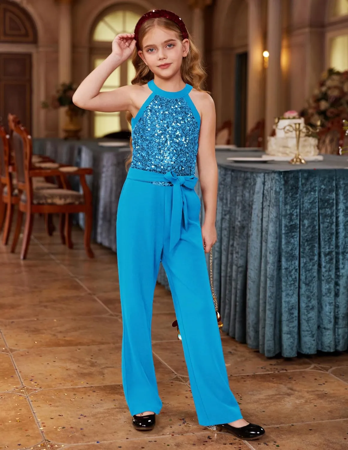 GRACE KARIN Girls Jumpsuit Tween Sequin Trendy Party Halter Shinny Dance Formal Romper Bodysuit 6-12