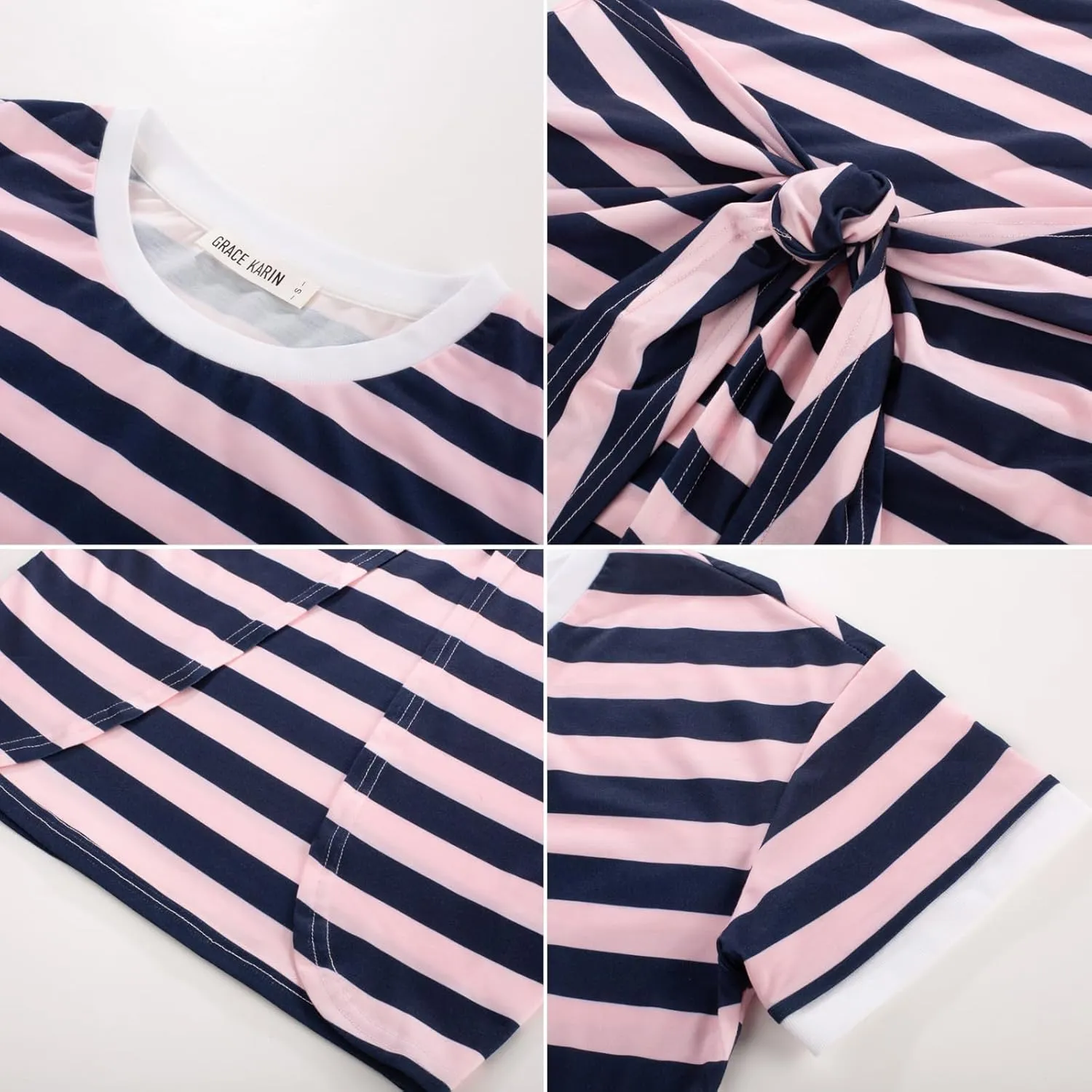 GRACE KARIN Striped Shirt Dresses for Women Front Tie Crewneck Wrap Dress Short Sleeve T-Shirt Casual Mini Bodycon Dress