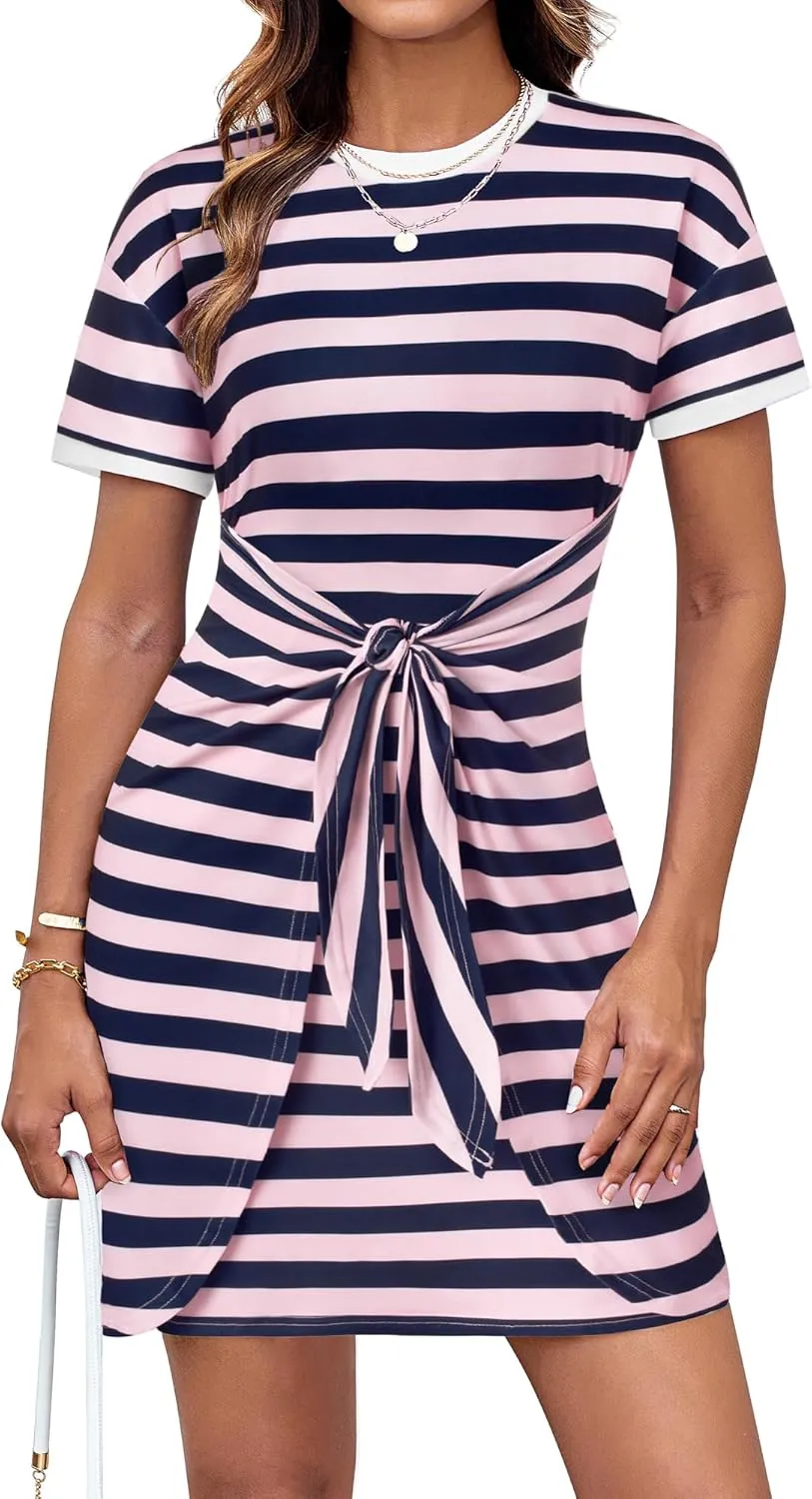 GRACE KARIN Striped Shirt Dresses for Women Front Tie Crewneck Wrap Dress Short Sleeve T-Shirt Casual Mini Bodycon Dress