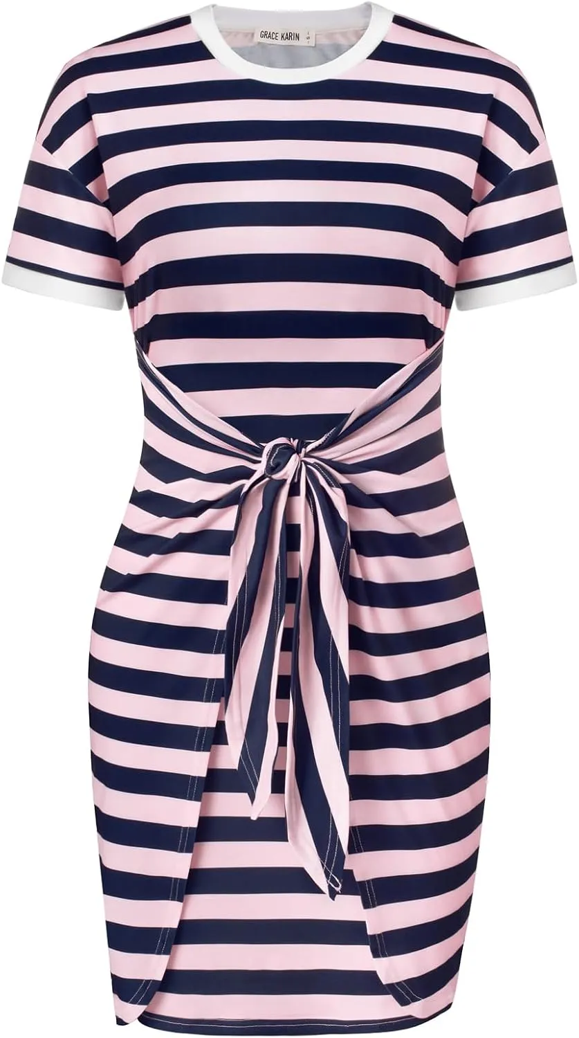 GRACE KARIN Striped Shirt Dresses for Women Front Tie Crewneck Wrap Dress Short Sleeve T-Shirt Casual Mini Bodycon Dress