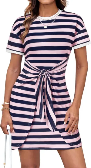 GRACE KARIN Striped Shirt Dresses for Women Front Tie Crewneck Wrap Dress Short Sleeve T-Shirt Casual Mini Bodycon Dress