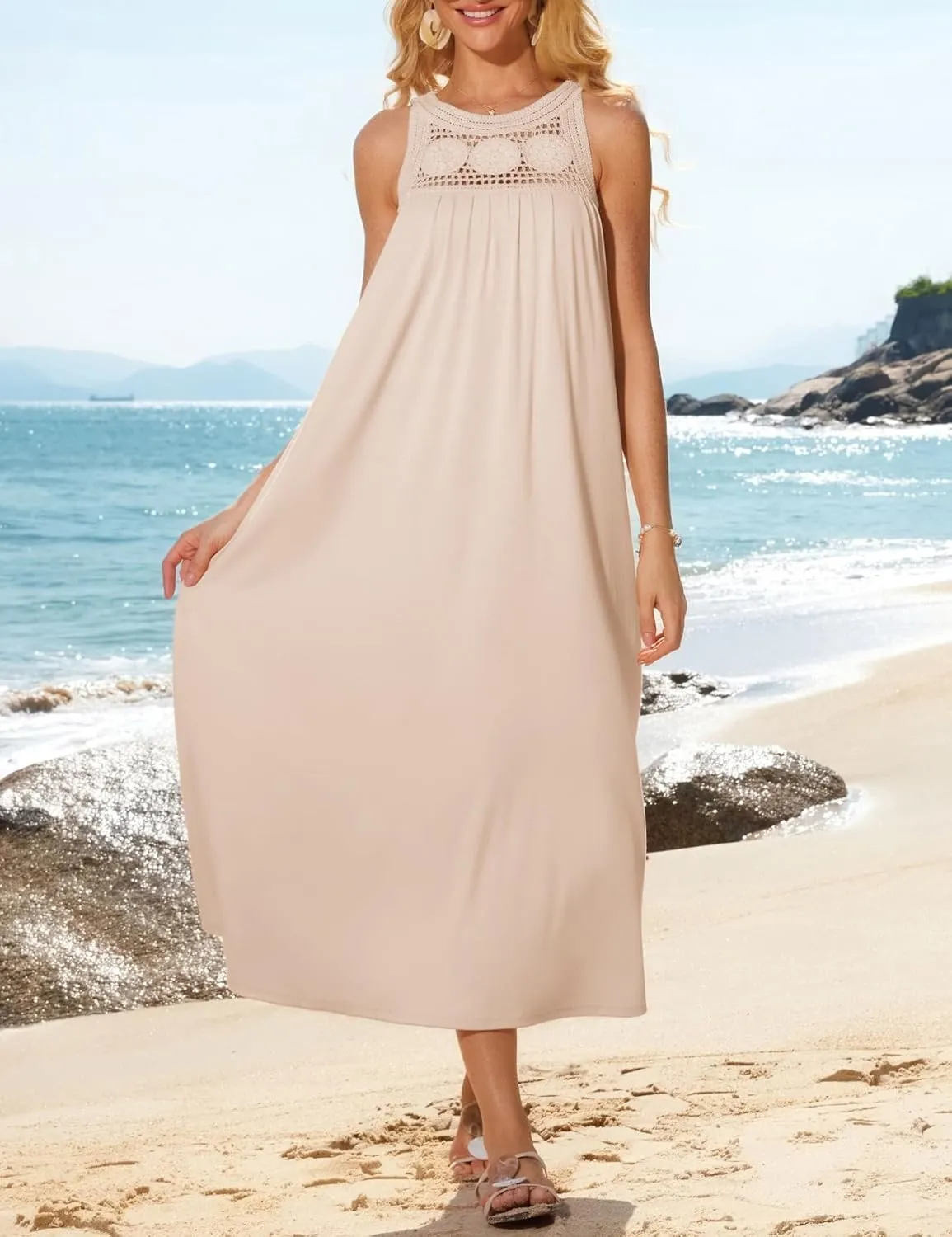 GRACE KARIN Women's 2025 Summer Hollow Out Halter Dresses Casual Swing A-Line Sundress Beach Vacation Maxi Dress with Belt