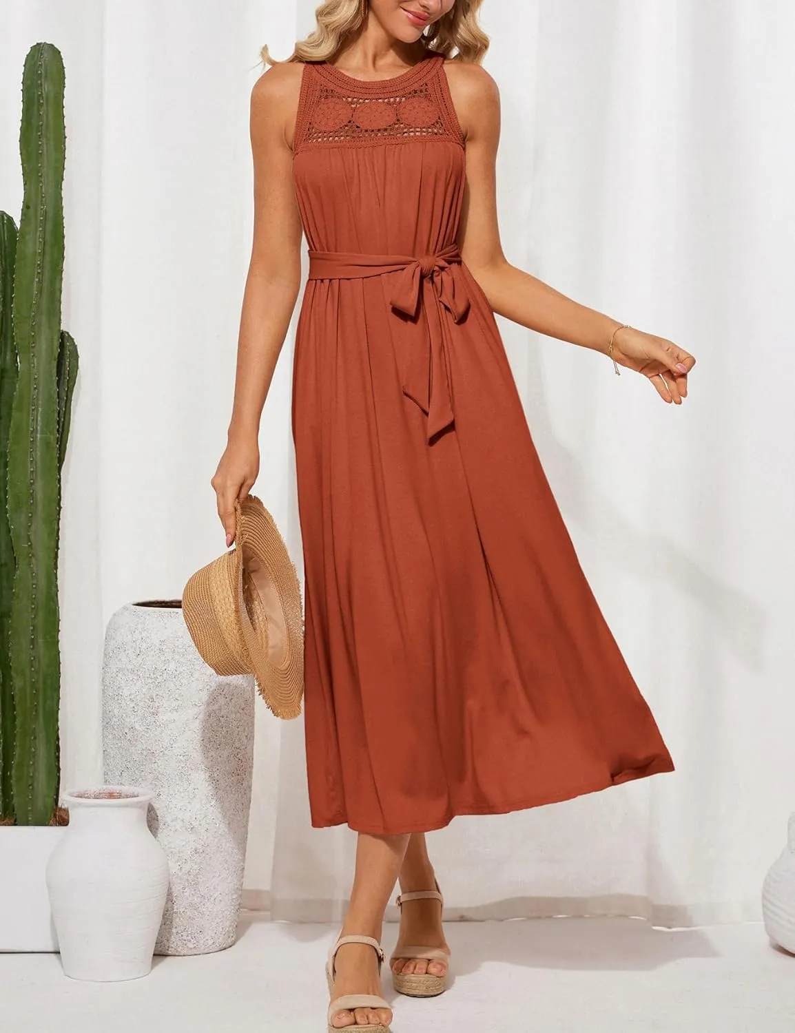 GRACE KARIN Women's 2025 Summer Hollow Out Halter Dresses Casual Swing A-Line Sundress Beach Vacation Maxi Dress with Belt