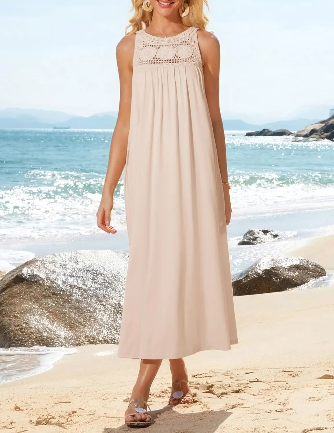 GRACE KARIN Women's 2025 Summer Hollow Out Halter Dresses Casual Swing A-Line Sundress Beach Vacation Maxi Dress with Belt