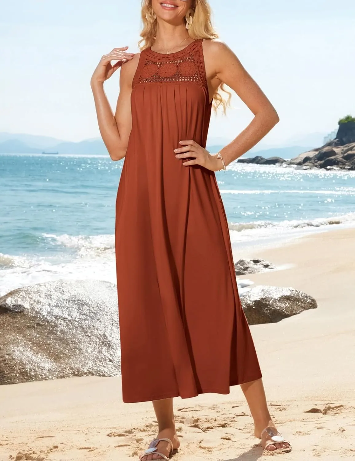 GRACE KARIN Women's 2025 Summer Hollow Out Halter Dresses Casual Swing A-Line Sundress Beach Vacation Maxi Dress with Belt