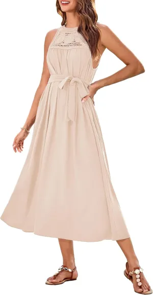 GRACE KARIN Women's 2025 Summer Hollow Out Halter Dresses Casual Swing A-Line Sundress Beach Vacation Maxi Dress with Belt