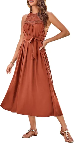 GRACE KARIN Women's 2025 Summer Hollow Out Halter Dresses Casual Swing A-Line Sundress Beach Vacation Maxi Dress with Belt
