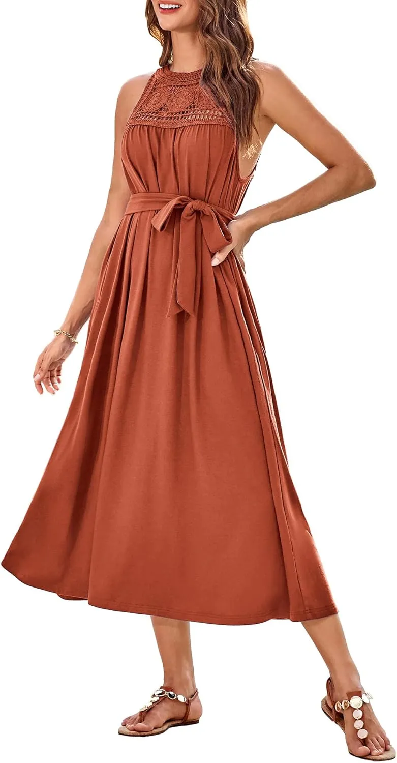 GRACE KARIN Women's 2025 Summer Hollow Out Halter Dresses Casual Swing A-Line Sundress Beach Vacation Maxi Dress with Belt