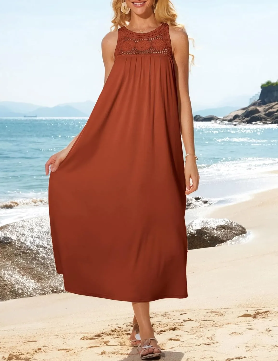 GRACE KARIN Women's 2025 Summer Hollow Out Halter Dresses Casual Swing A-Line Sundress Beach Vacation Maxi Dress with Belt