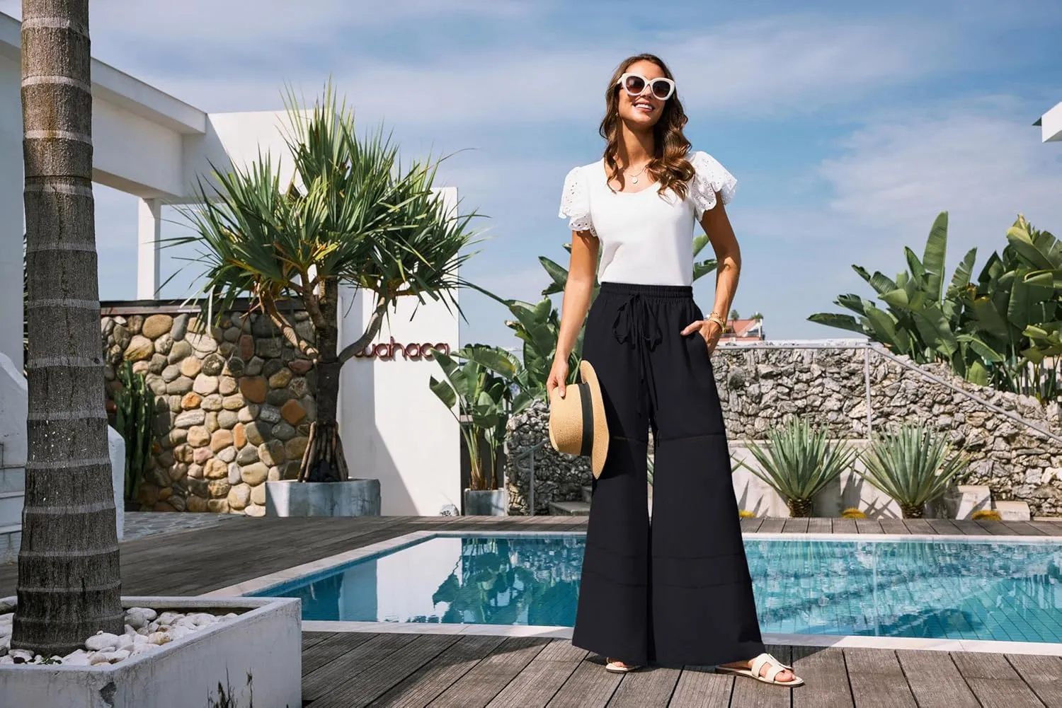 GRACE KARIN Women's Summer Palazzo Pants Vacation Outfits High Waisted Hollow Out Wide Leg Trouser with Pockets