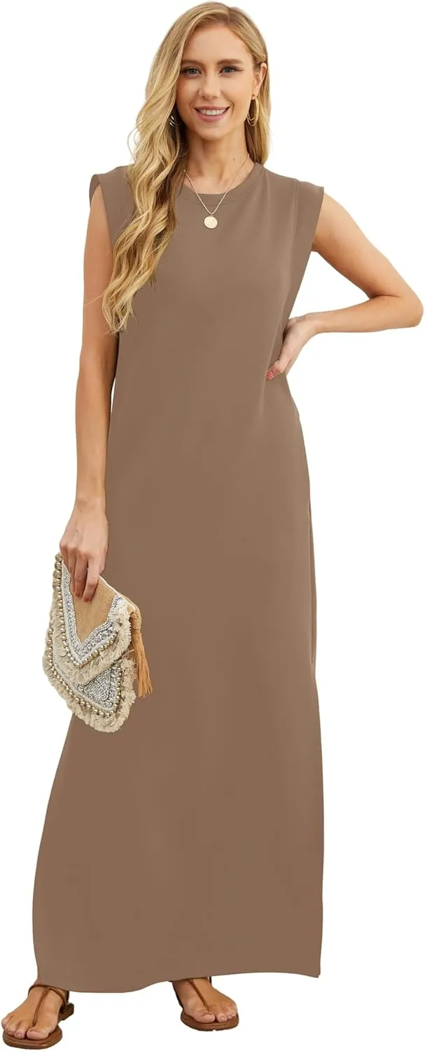 GRECERELLE 2025 Women Summer Round Neck Casual Loose Split Wrinkle-Free Long Maxi Vacation Dress with Pockets (XS-3XL)
