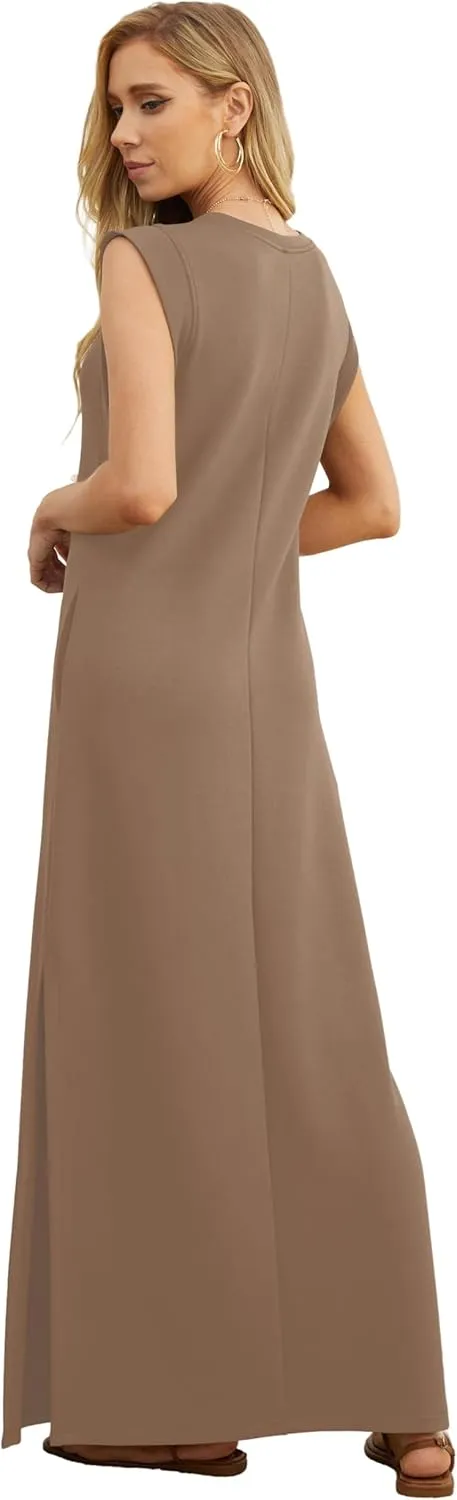 GRECERELLE 2025 Women Summer Round Neck Casual Loose Split Wrinkle-Free Long Maxi Vacation Dress with Pockets (XS-3XL)