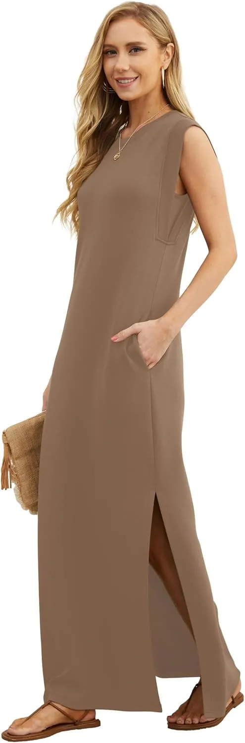 GRECERELLE 2025 Women Summer Round Neck Casual Loose Split Wrinkle-Free Long Maxi Vacation Dress with Pockets (XS-3XL)