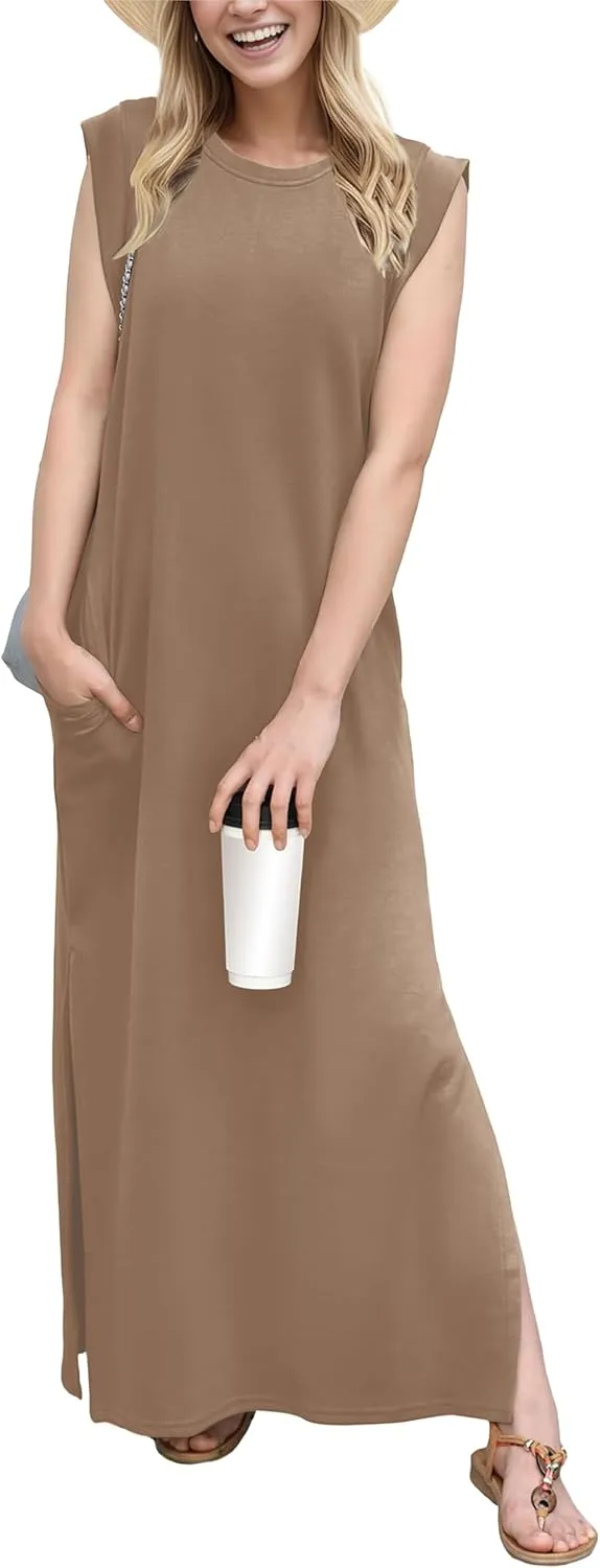GRECERELLE 2025 Women Summer Round Neck Casual Loose Split Wrinkle-Free Long Maxi Vacation Dress with Pockets (XS-3XL)