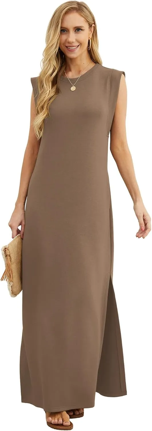 GRECERELLE 2025 Women Summer Round Neck Casual Loose Split Wrinkle-Free Long Maxi Vacation Dress with Pockets (XS-3XL)