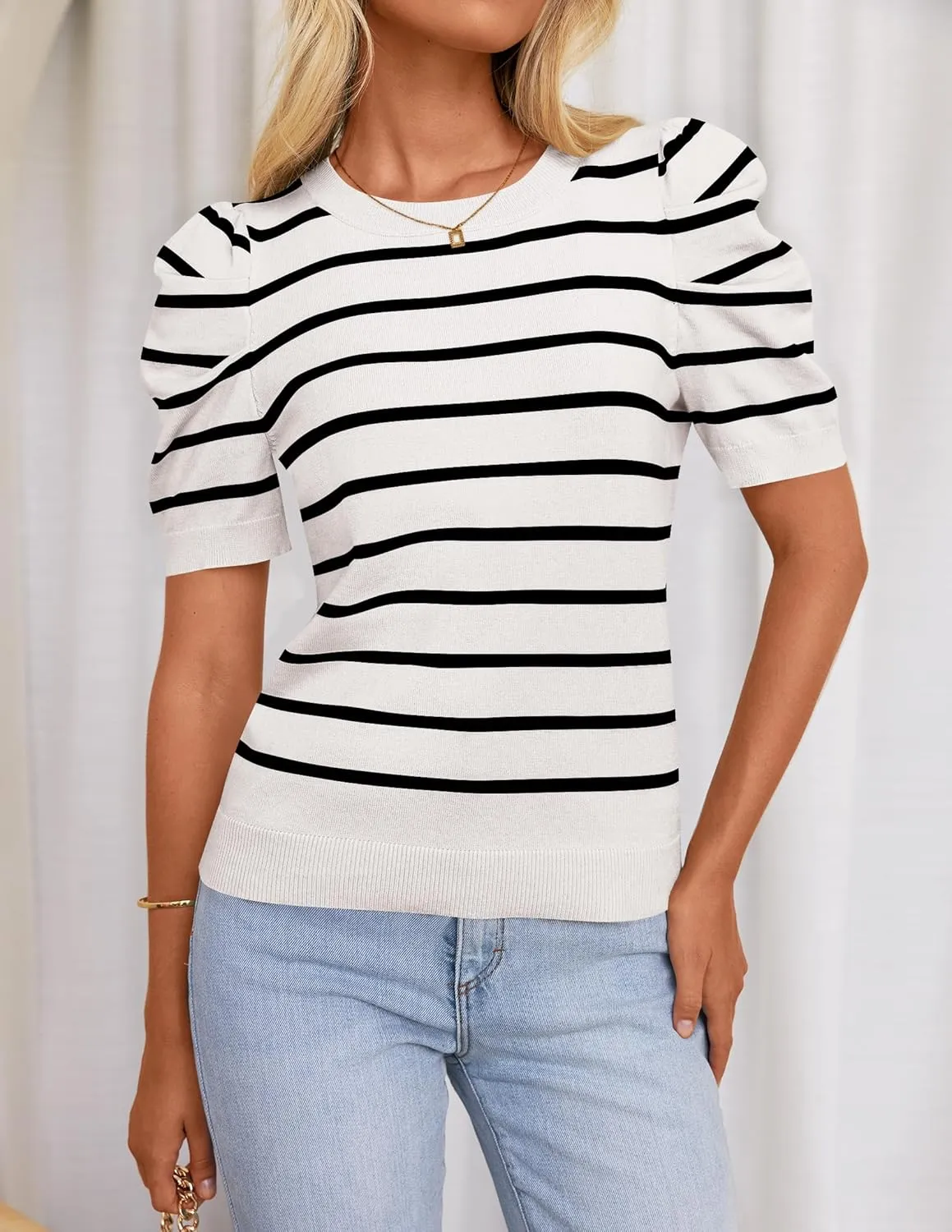 HAEOF Women's 2025 Summer Short Puff Sleeve Knit Tops Trendy Crewneck Striped Shirts Dressy Casual Blouses