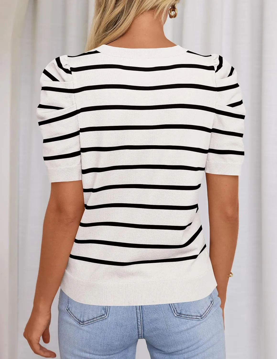 HAEOF Women's 2025 Summer Short Puff Sleeve Knit Tops Trendy Crewneck Striped Shirts Dressy Casual Blouses