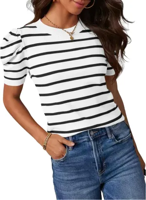 HAEOF Women's 2025 Summer Short Puff Sleeve Knit Tops Trendy Crewneck Striped Shirts Dressy Casual Blouses
