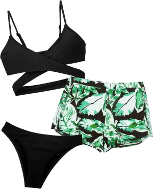 Happy Cherry Girls 3 Piece Swimsuit Set Cute Criss Cross Bikini with Tropical Print Shorts Bathing Suit 8-14 Years
