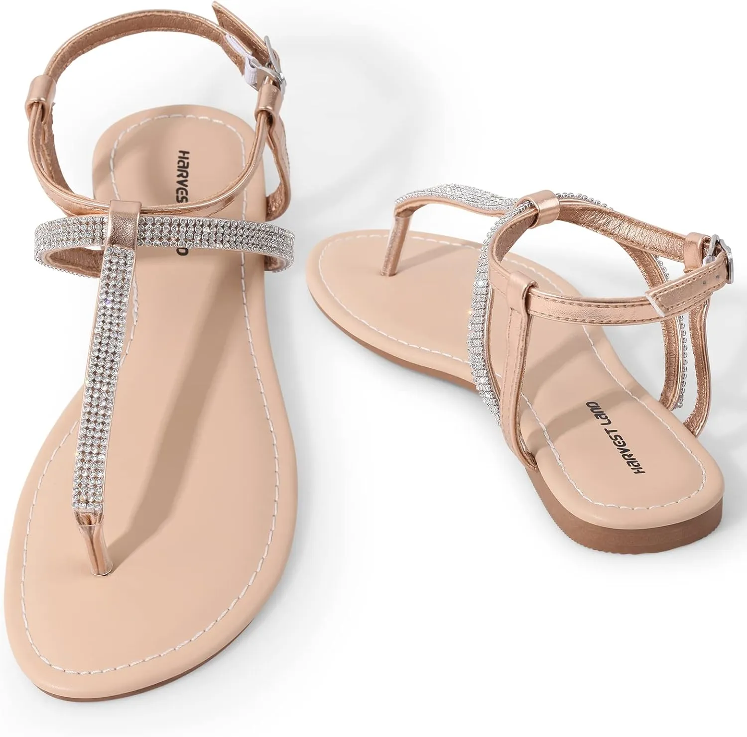 Harvest Land Women's Sandals Dressy T Strap with Rhinestone Sparkly Wedding Flat Sandals Ankle Strap Summer Gladiator Fashion Shoes