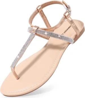 Harvest Land Women's Sandals Dressy T Strap with Rhinestone Sparkly Wedding Flat Sandals Ankle Strap Summer Gladiator Fashion Shoes