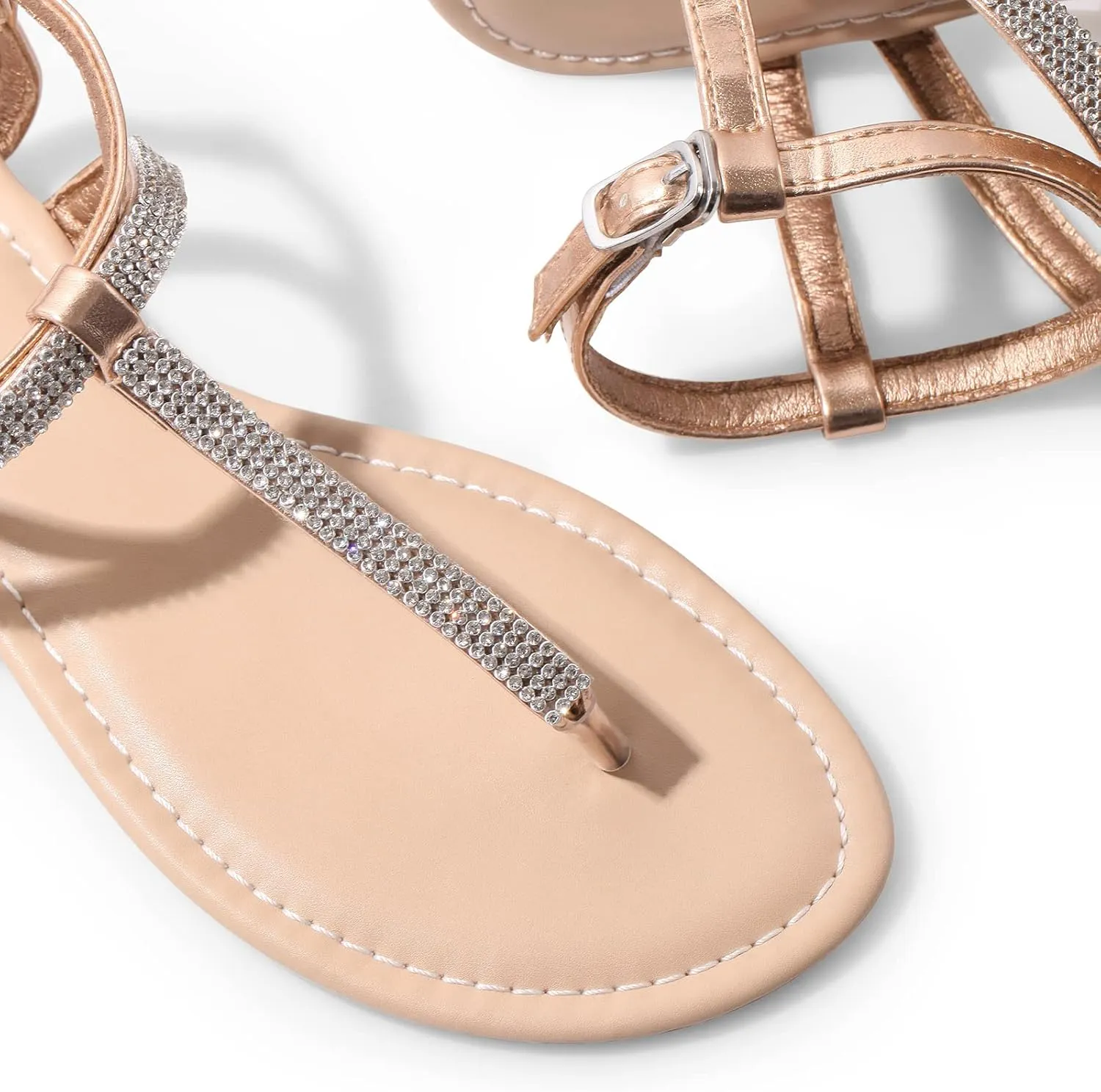 Harvest Land Women's Sandals Dressy T Strap with Rhinestone Sparkly Wedding Flat Sandals Ankle Strap Summer Gladiator Fashion Shoes