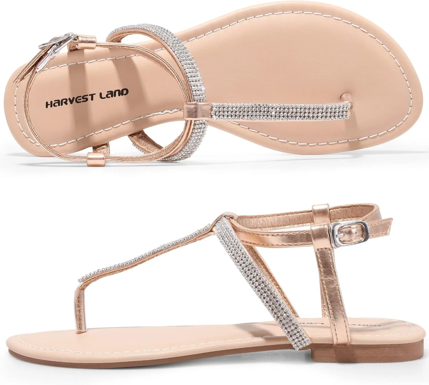 Harvest Land Women's Sandals Dressy T Strap with Rhinestone Sparkly Wedding Flat Sandals Ankle Strap Summer Gladiator Fashion Shoes