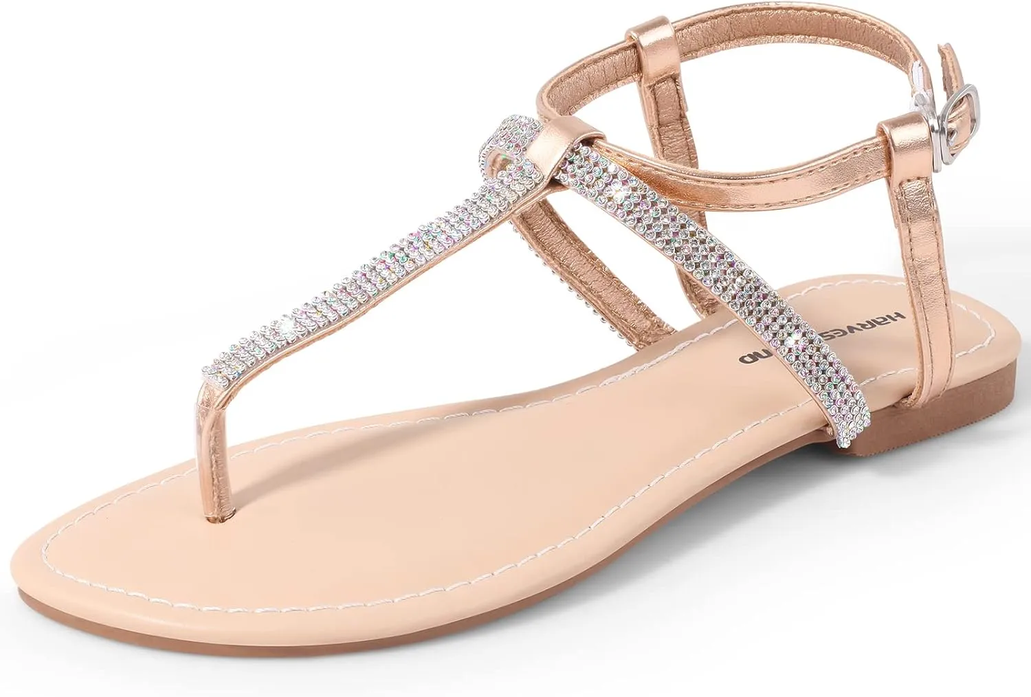 Harvest Land Women's Sandals Dressy T Strap with Rhinestone Sparkly Wedding Flat Sandals Ankle Strap Summer Gladiator Fashion Shoes