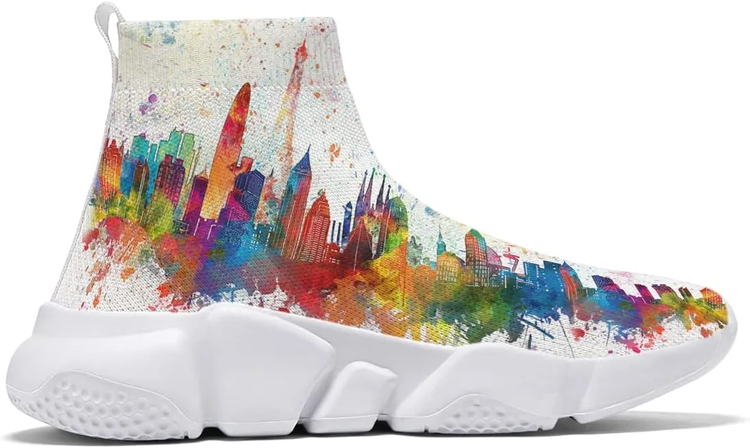 Hetios Running Sneakers for Men Women Fashionable Casual Neon City Watercolor Sock Shoes White