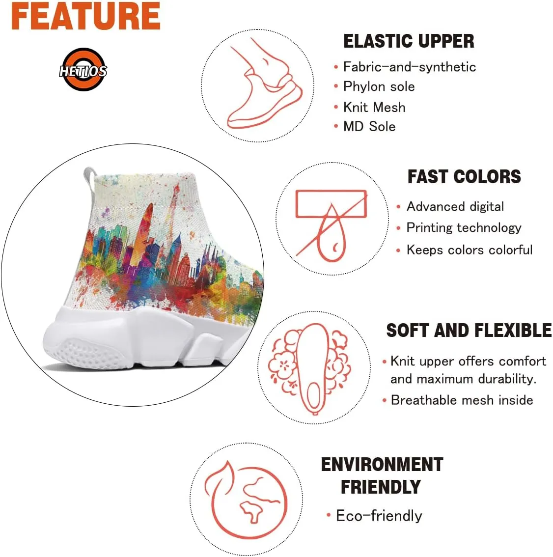 Hetios Running Sneakers for Men Women Fashionable Casual Neon City Watercolor Sock Shoes White