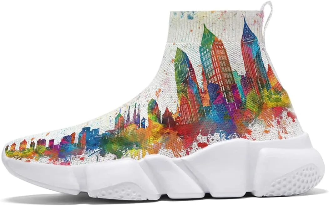 Hetios Running Sneakers for Men Women Fashionable Casual Neon City Watercolor Sock Shoes White