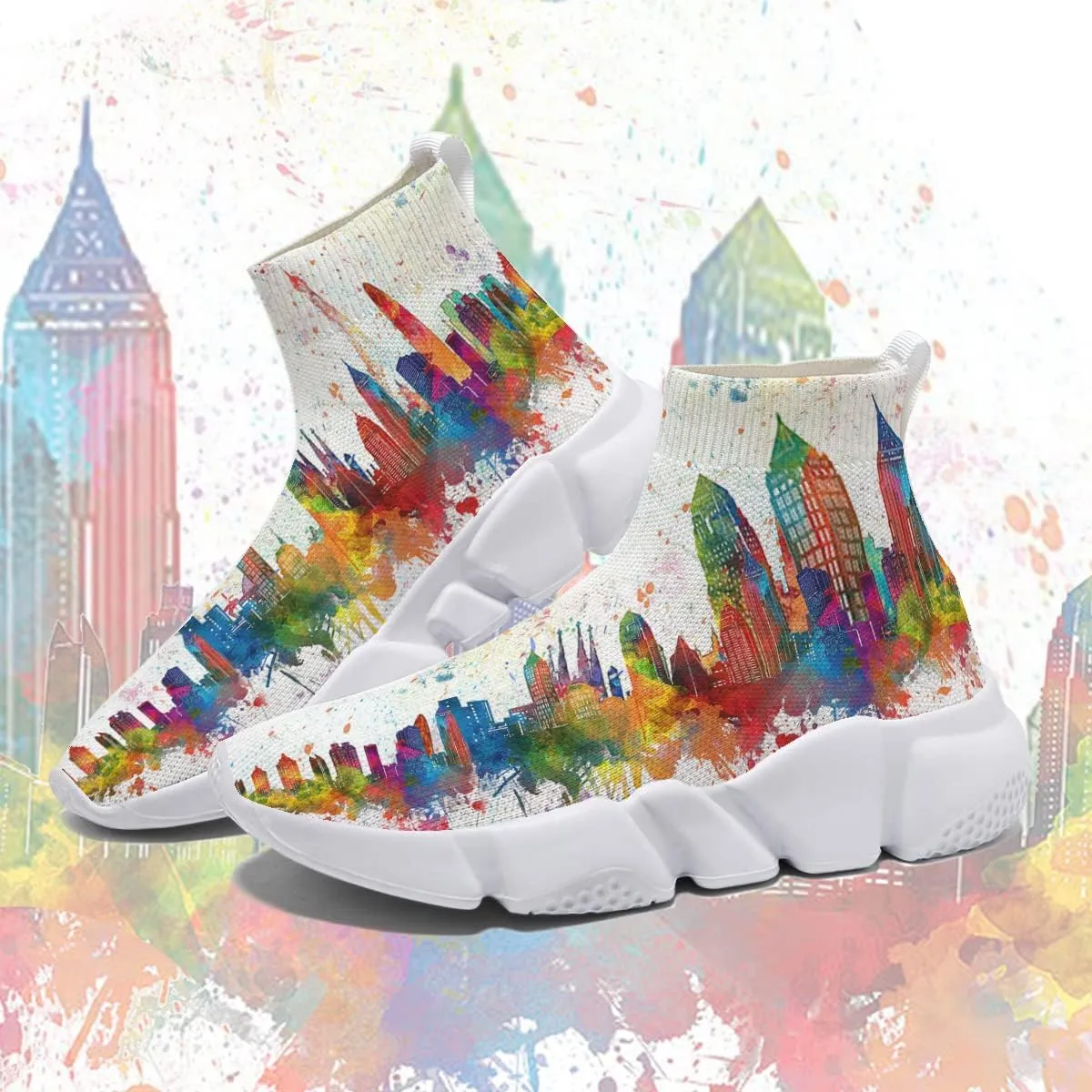 Hetios Running Sneakers for Men Women Fashionable Casual Neon City Watercolor Sock Shoes White