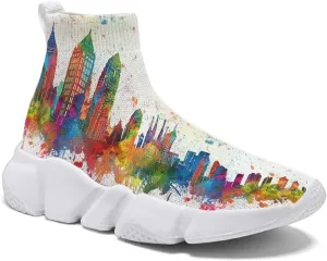 Hetios Running Sneakers for Men Women Fashionable Casual Neon City Watercolor Sock Shoes White