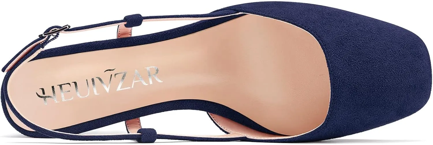 HEUIVZAR Womens Pumps Square Toe Slingback Sandals Kitten Low Chunky Block Heel Suede Dress Shoes Vacation Cute Shopping 1.5 Inch