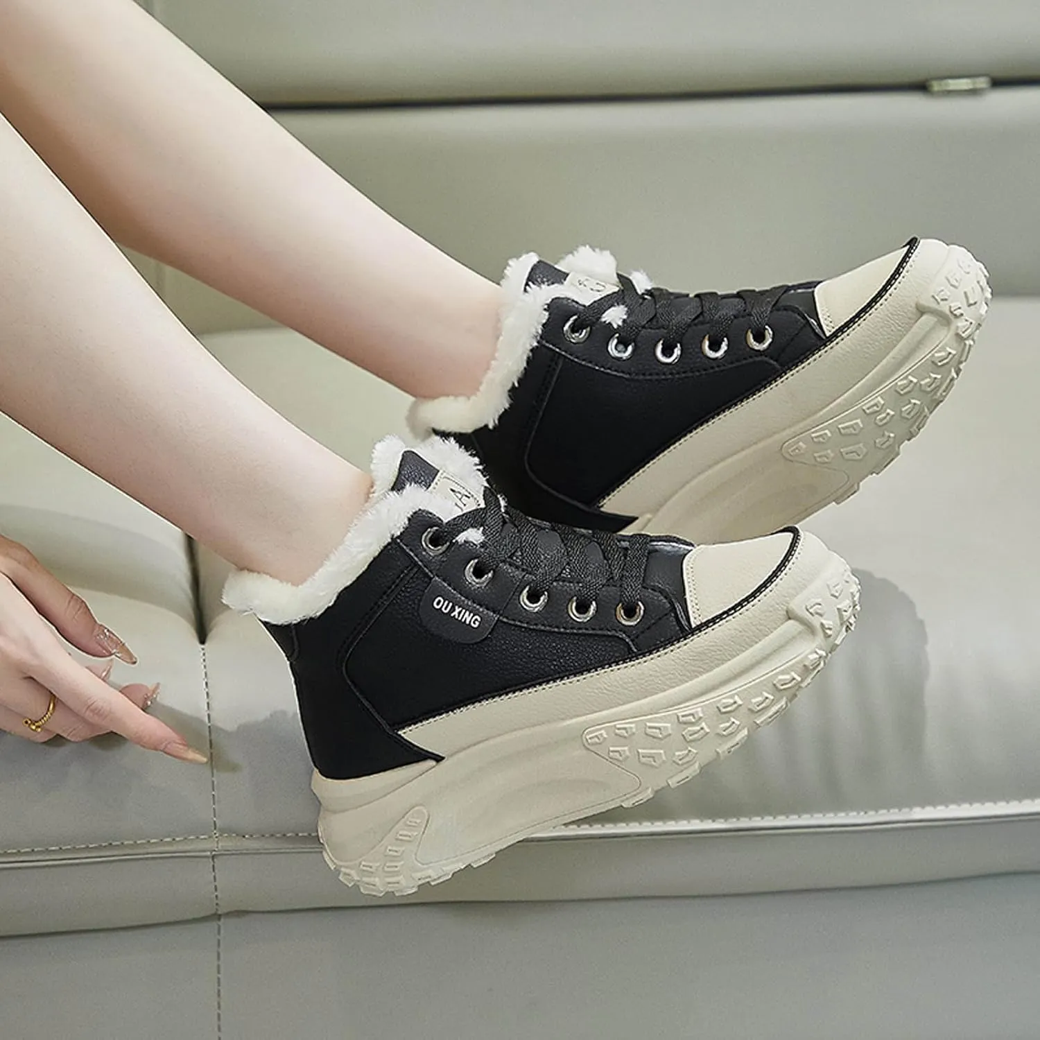 High Top Sneakers for Women Casual Winter Warm Platform Sneakers with Faux Fur Fleece Lining
