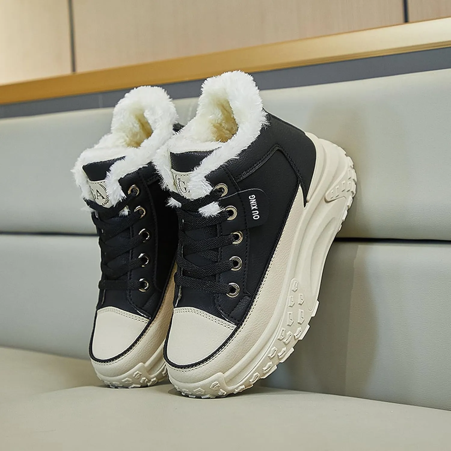 High Top Sneakers for Women Casual Winter Warm Platform Sneakers with Faux Fur Fleece Lining