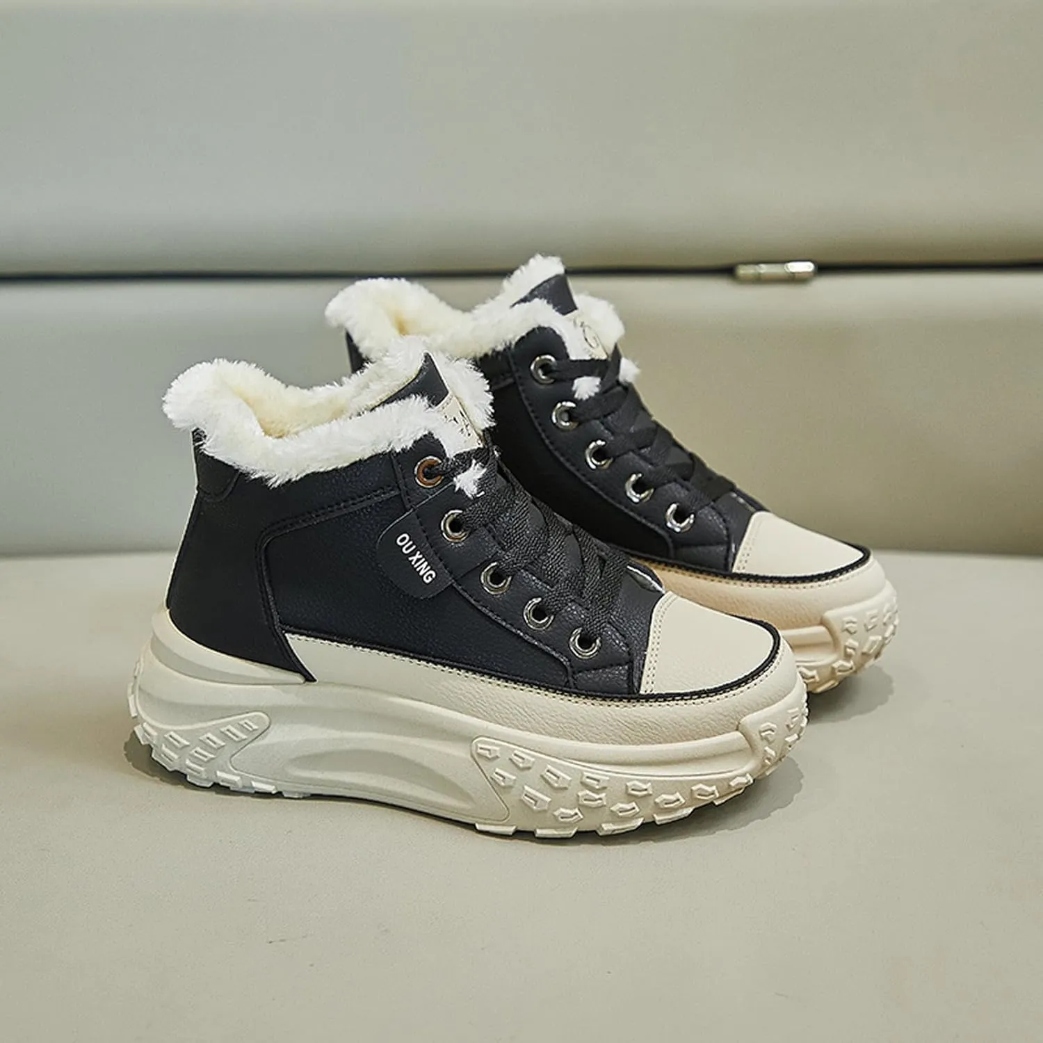 High Top Sneakers for Women Casual Winter Warm Platform Sneakers with Faux Fur Fleece Lining