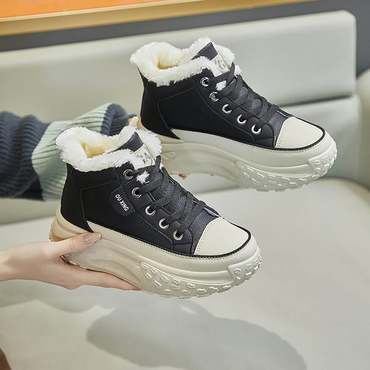 High Top Sneakers for Women Casual Winter Warm Platform Sneakers with Faux Fur Fleece Lining