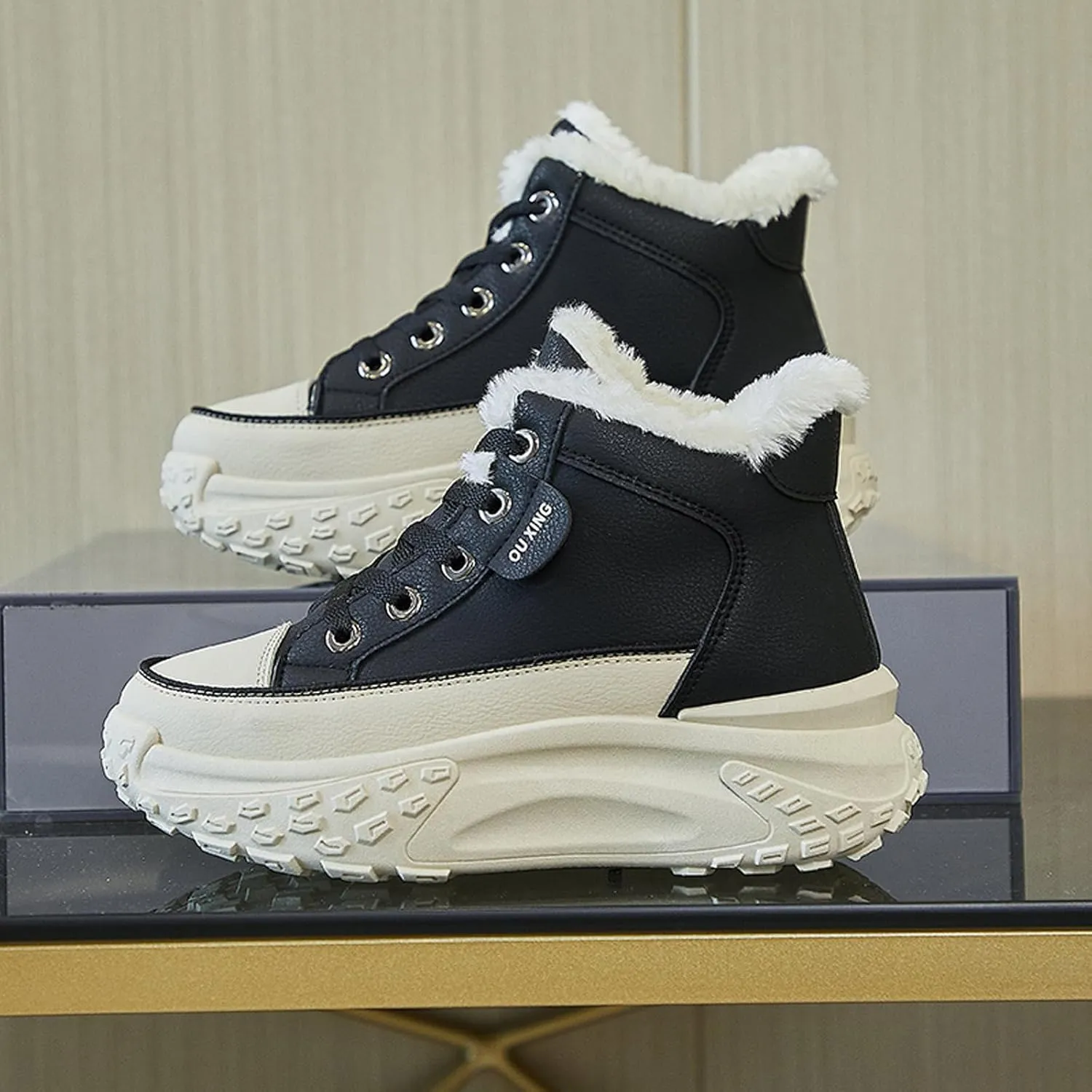 High Top Sneakers for Women Casual Winter Warm Platform Sneakers with Faux Fur Fleece Lining