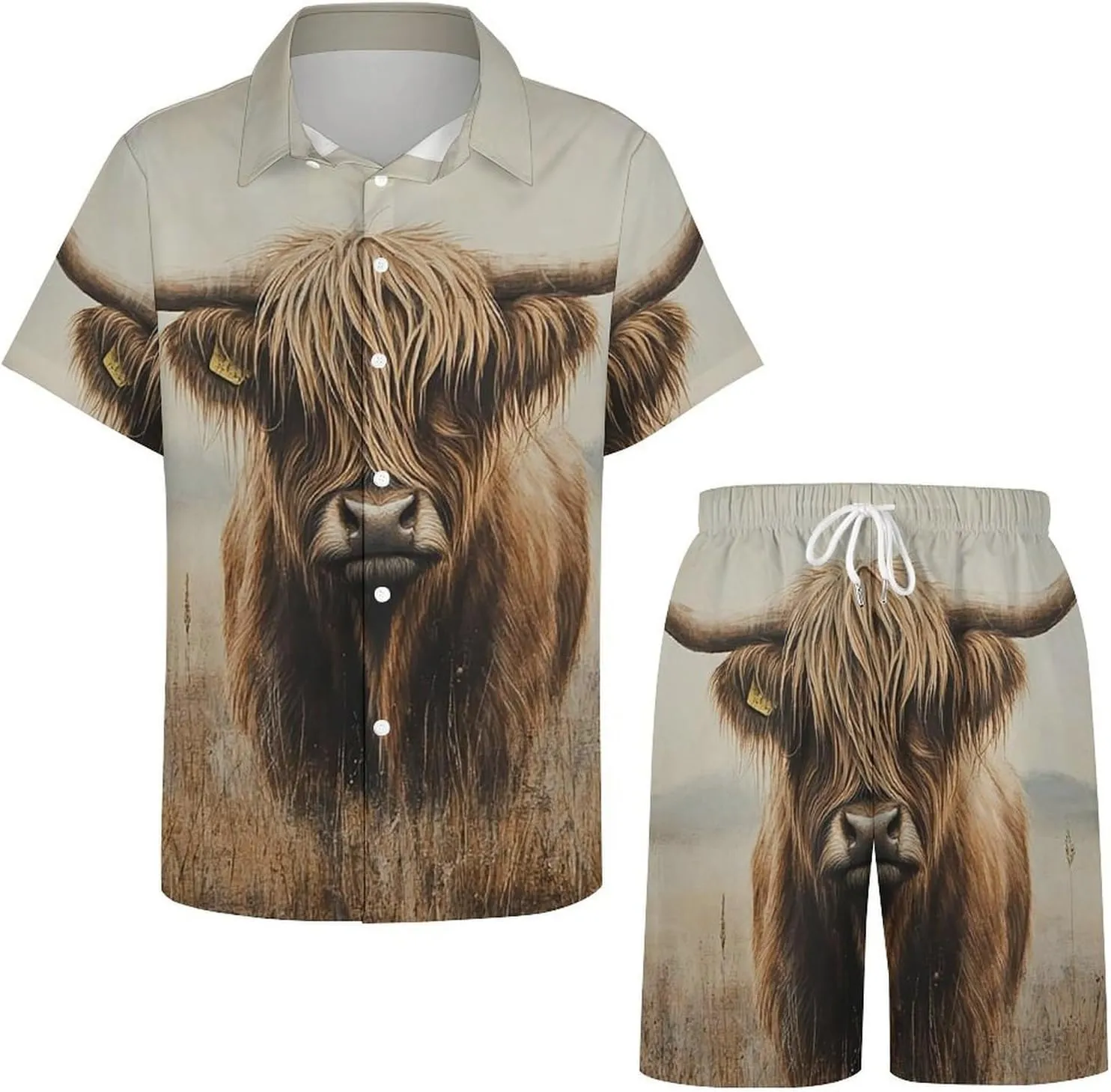 Highland Cow PrintMen's Two-piece Casual Short-sleeved Shirt Summer Loose Vacation Suit
